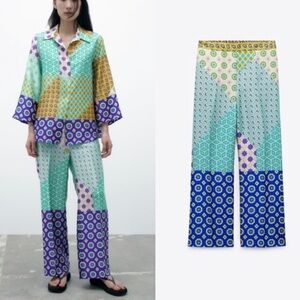 Zara New High Rise Patchwork Print‎ Cropped Straight Legs Pants Size M 3218/229